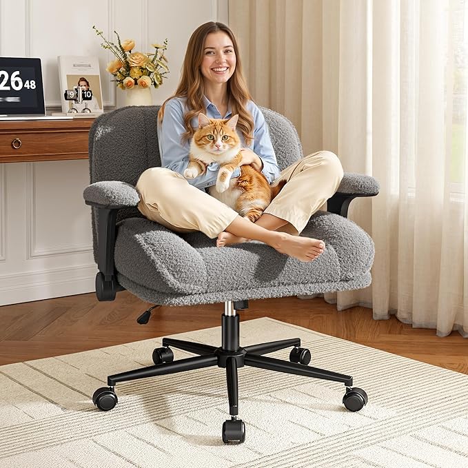 Cross Legged Office Chair with Flip-Up Arms, Wide Criss Cross Chair with Wheels & Extra-Deep Seat Thickened for Home Office, Vanity, Apartment Dorms,Plush Cushion,Comfy,Grey