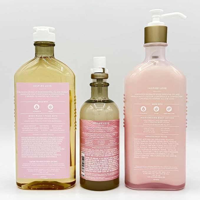 Rose & Vanilla Inspire Love 3-Piece Bath Bundle | Body Wash, Essential Oil Mist and Moisturizing Body Lotion