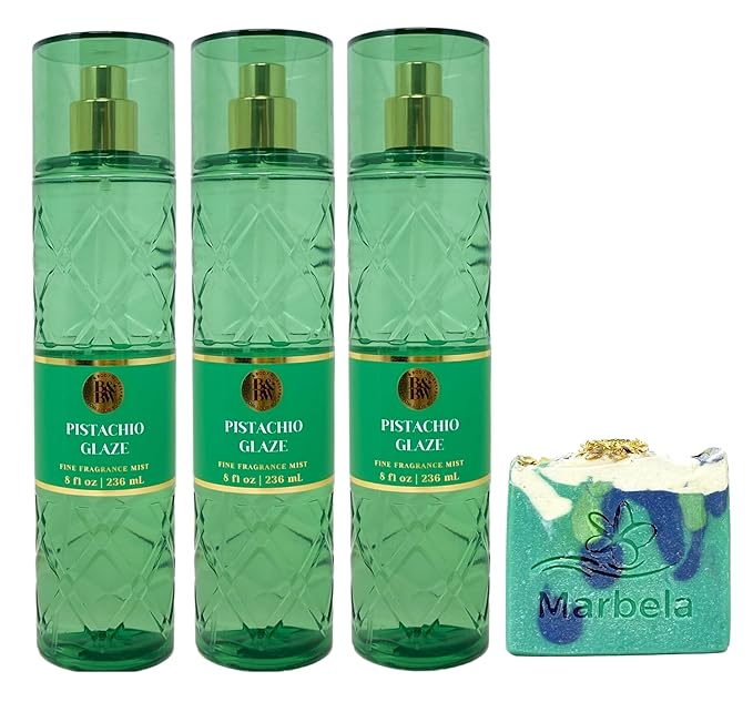 Bath & Body Works Pistachio Glaze 3 Pack Fragrance Mist Bundle with an Aloe Vera Bar Soap - Full Size