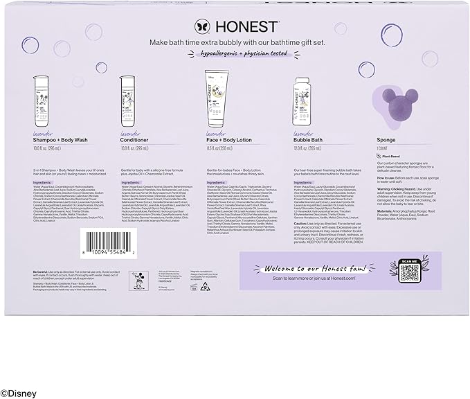 The Honest Company Calm Lavender Bathtime Gift Set, Disney Design, Hypoallergenic Bath for Sensitive Baby Skin, Shampoo Body Wash Face Lotion Bubble Conditioner Sponge