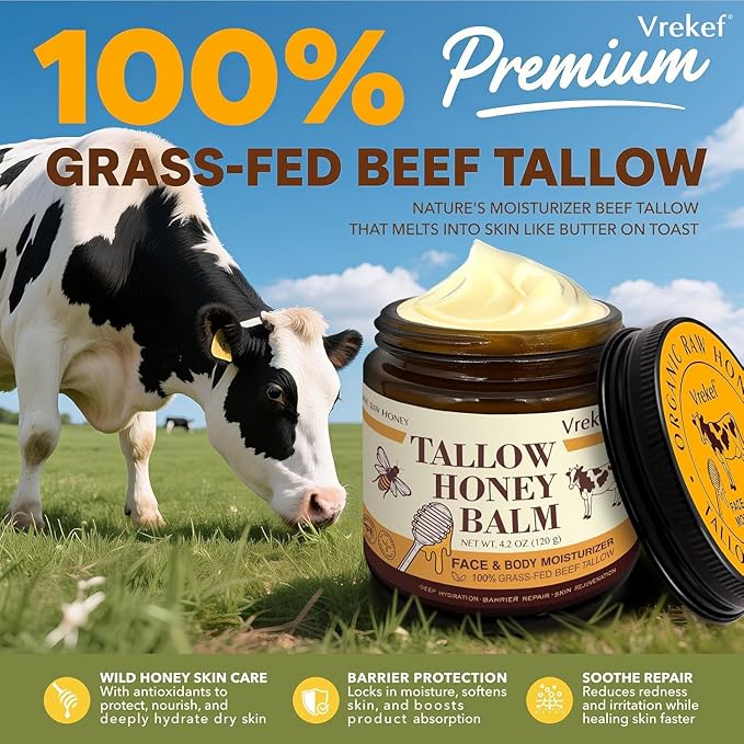 Beef Tallow for Skin (4.2 oz)– Tallow and Honey Balm for Face & Body – Grass-Fed Tallow with Beeswax, Sea Buckthorn Oil, Shea Butter, Vitamin E – Natural Moisturizer