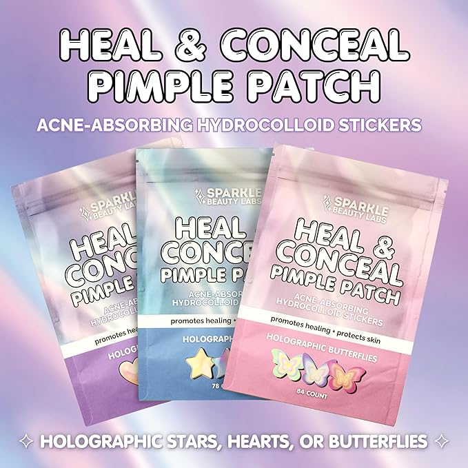 Heal & Conceal Pimple Patch - Cute Holographic Butterfly Shaped Acne Patches, Fun Hydrocolloid Zit Stickers for Face (Iridescent Pink Butterflies, 84 Count)