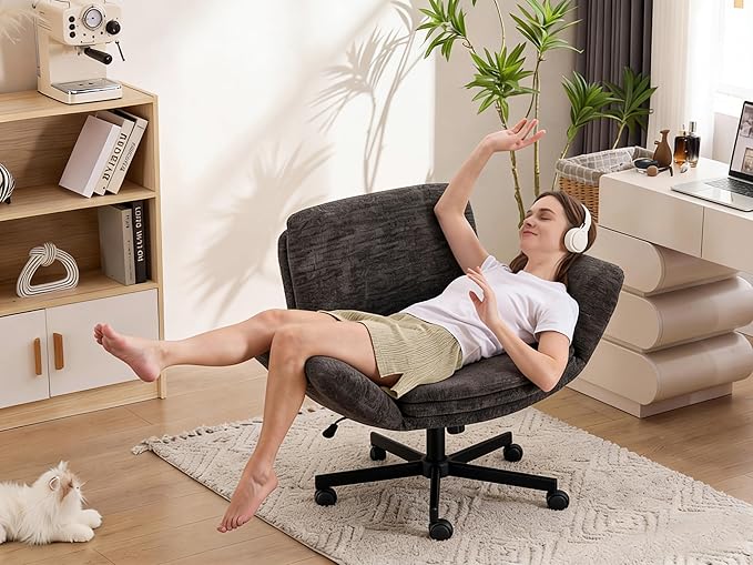 Criss Cross Chair with 5-Gear Adjustable Armrests & Wheels, Ergonomic Airbag Back Support Swivel Desk Chair for Home Office, Vanity, Bedroom and Living Room,Dark Grey