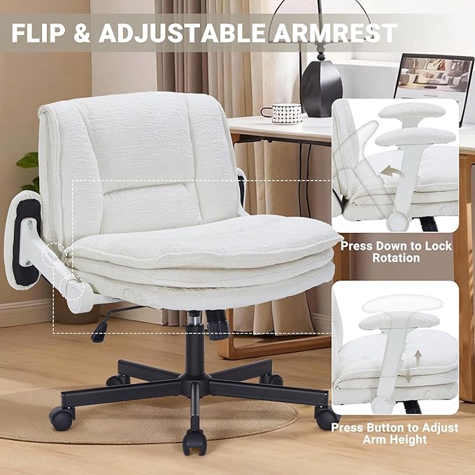 Criss Cross Chair with Wheels and Flip Arms, Upholstered Cross Legged Office Chair with 3 Layer Cushions&Dynamic Airbag Lumbar Support, Wide Seat Comfy Desk Chair for Home Office, Living Room, Beige