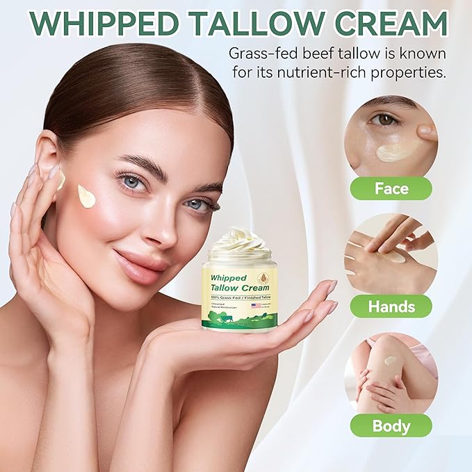 Beef Tallow for Skin, Organic Grass Fed Whipped Beef Tallow Balm Moisturizer Deeply Nourishing for Face & Body, Natural Unscented Tallow Face Moisturizer Cream for Dry Skin, 4oz