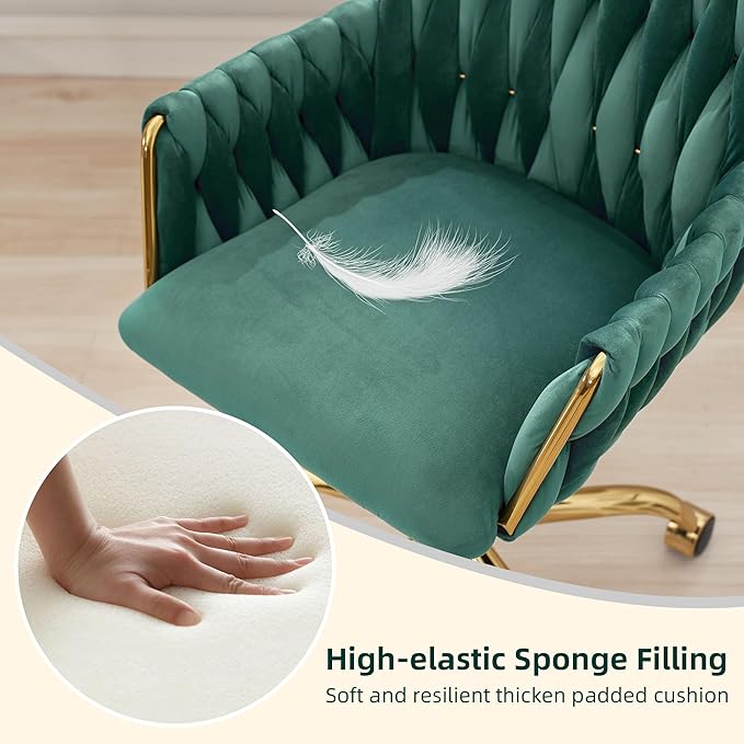 ABET Velvet Desk Chair with Wheels, Cute Upholstered Swivel Office Chair, Modern Gold Rolling Hand Woven Height Adjustable Armchair for Women Girls Home Makeup, Vanity, Nail Salon, Dark Green