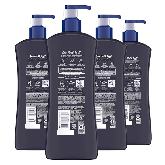 Vaseline Men Cooling Hydration 3-in-1 4 Pack for Dry Skin Face, Hands & Body Lotion for Men with Menthol & Ultra-Hydrating Lipids 20.3 oz