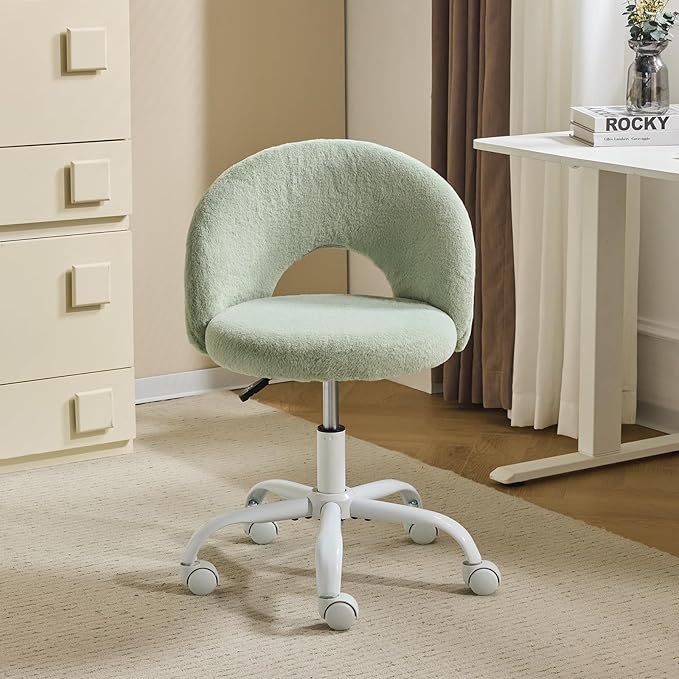 VINGLI Small Vanity Chair with Faux Fur Wheels for Girls,Cute Adjustable Height Armless Office Desk Chair,360°Swivel Comfy Rolling for Study,Make up Room,Small Space,Mint Green