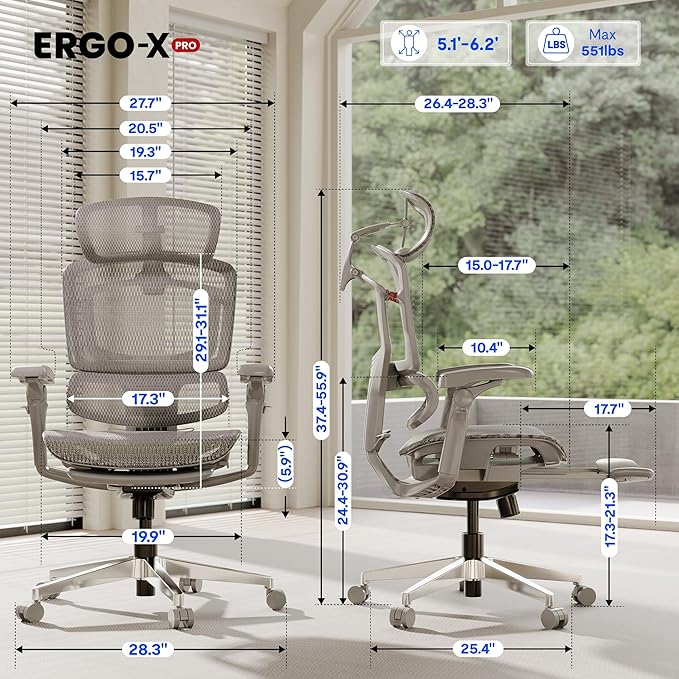 FLEXISPOT ErgoX-PRO Ergonomic Office Chair with Footrest Grey – AeroWeave 5.0 Mesh Seat, 5D Lumbar, 7D Armrests, 4D Headrest, 551LBS Capacity – Office, Gaming, Home
