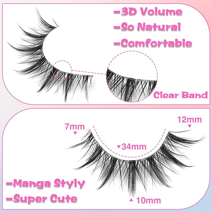Manga Lashes Natural Look Anime Lashes Cosplay False Eyelashes with Clear Band 3D Wispy Eyelashes Asian Japanese Korean Style Manhua Lashes Look Like Individual Clusters Pack by EYDEVRO
