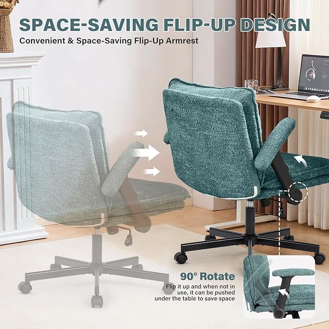 Criss Cross Legged Office Chair with Wheels and Flip-Up Arms, Upholstered Criss Cross Desk Chair, Wide Seat Chairs for Home Office, Vanity, Apartment, Green