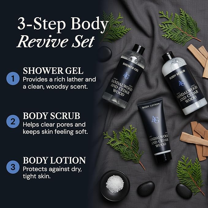 Shower Kit Men, Bath and Body Gift Set For Him - Shower Gel, Body Scrub & Body Cream, Sandalwood & Cedar Scent, 3 pcs 720ml - Skin Care Kit Fathers Day Birthday Idea for Him