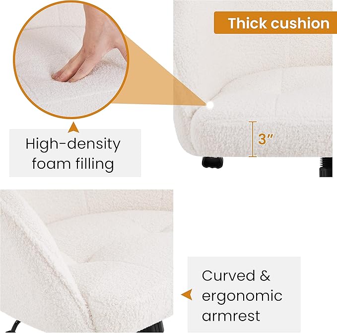 Yaheetech Boucle Desk Vanity Chair with Back Comfy Fluffy Swivel Office Chair with Wheels Adjustable Height Tilt Angle for Bedroom Ivory