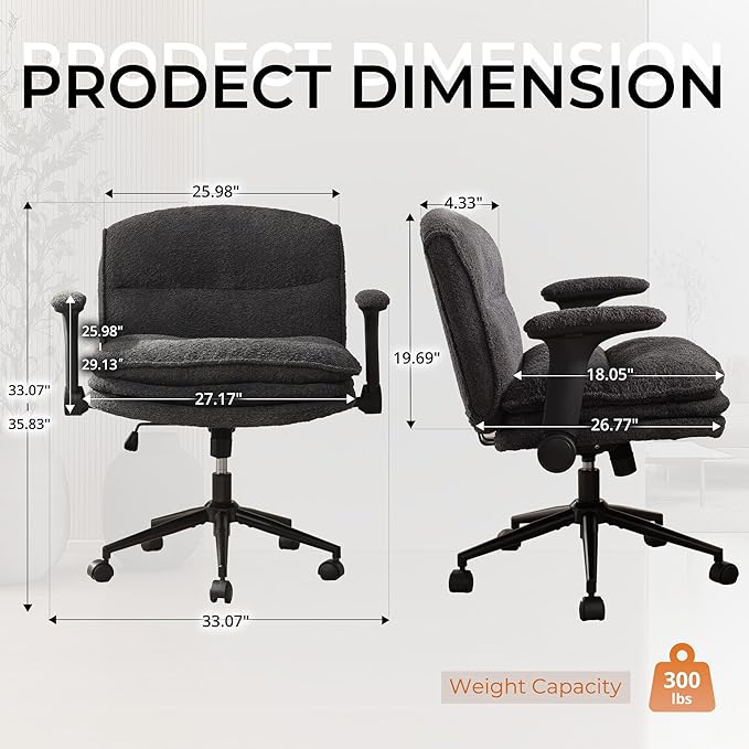 Dowinx Criss Cross Chair with Adjustable Flip-up Arms and Wheels, Comfort Ergonomic Office Desk Armchair with 3 Layer Cushions, Wide Seat Vanity Chair for Home Office, Living Room, Bedroom, Black