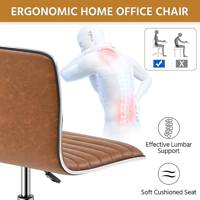Yaheetech Low Back PU Leather Ribbed Armless Office Chair, Ergonomic Swivel Computer Task Chair with Wheels for Office, Home