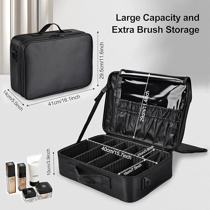 Professional Makeup Train Case with Brush Holder, Large Makeup Travel Bag Organizer, Portable Cosmetic Carry Case 3 Layer Makeup Artist Storage Box with Adjustable Dividers and Shoulder Strap, Black