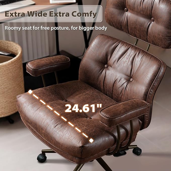 HOOOWOOO Ergonomic Office Chair,Mid Century Modern Computer Desk Chair,Comfy Executive Chair with Extra Wide Tufted Cloudy Seat Lumbar Support High Reclining Back,Suede Leather Dark Brown