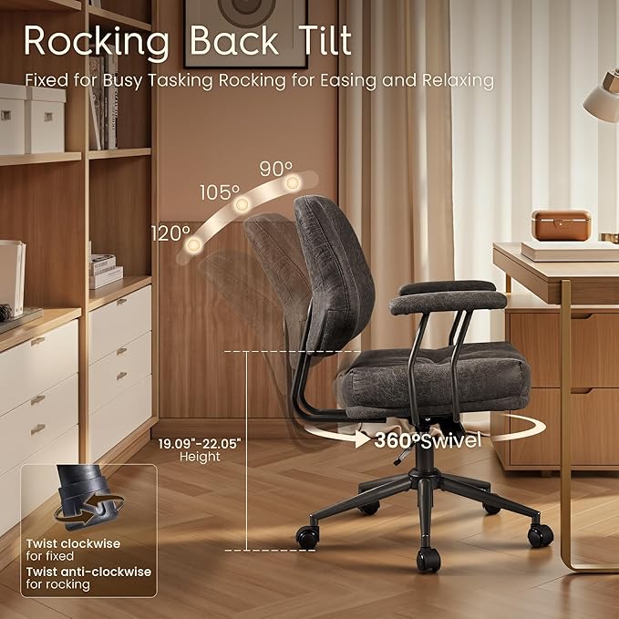 HOOOWOOO Ergonomic Office Chair,Mid Century Modern Computer Desk Chair,Comfy Executive Chair with Extra Wide Tufted Cloudy Seat Lumbar Support Rocking Back,Suede Leather Grey
