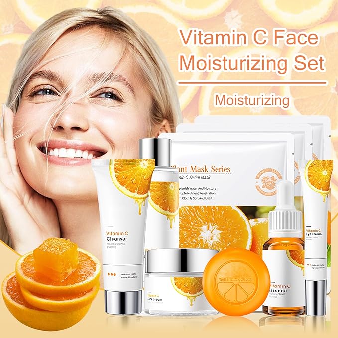 Vitamin C Face Skincare Set,9 Pcs Vitamin C Skin Care Set with 3 Honey Face Masks,Soap Bar, Wash,Toner, Serum, Moisturizer Cream,Eye Cream,Moisturizing Skin Care Kit