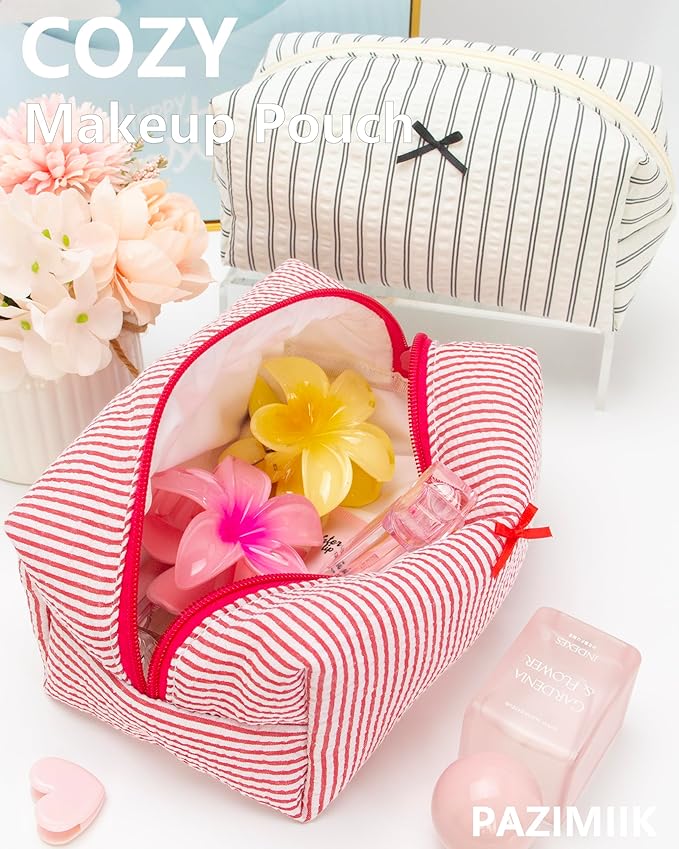 PAZIMIIK 2PCS Cozy Makeup Bag Small Aesthetic Travel Zipper Cosmetic Pouch for Women Make Up Beauty Accessories Brushes, Stripe Red