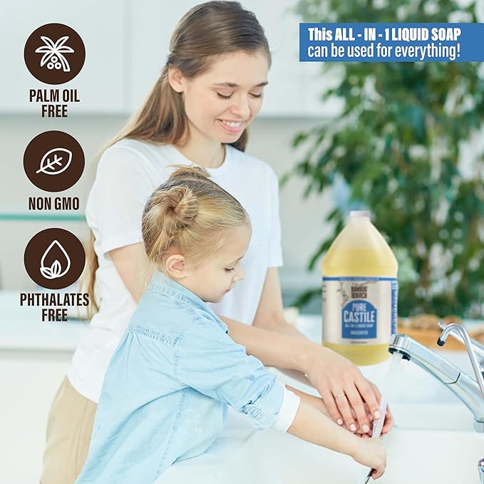 BAMBOO AND BIRCH Pure Castile Soap Liquid, Certified Palm Oil Free Natural Soap, Unscented, 1 Gallon