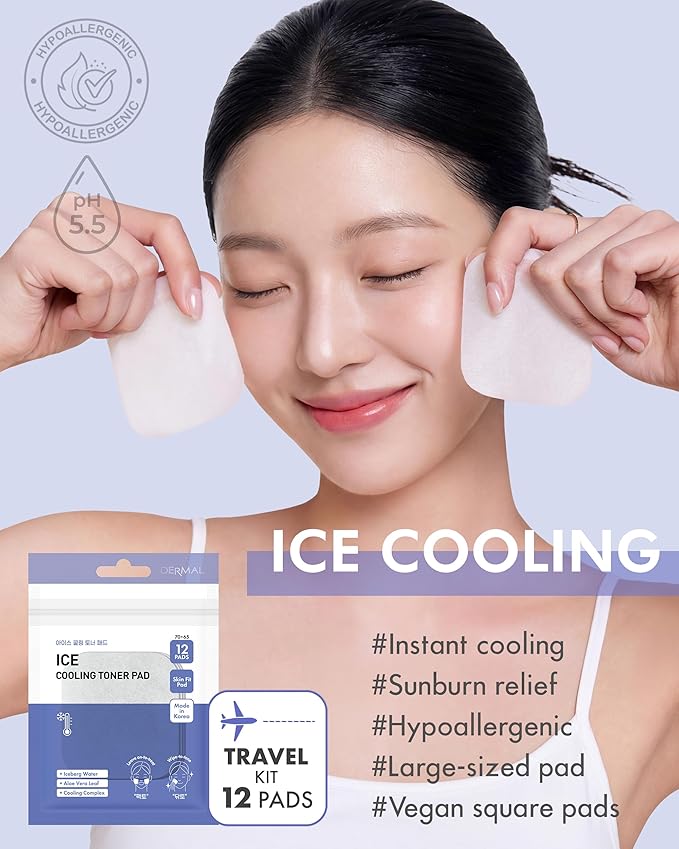 DERMAL Ice Cooling Toner Pad - Korean Soothing & Hydrating Toner Pads with Aloe Vera - After Suncare, Sunburn Relief, Redness Relief - Vegan Square Pads - Travel Kit 12 ea, 3 Pack (Total 36 ea)