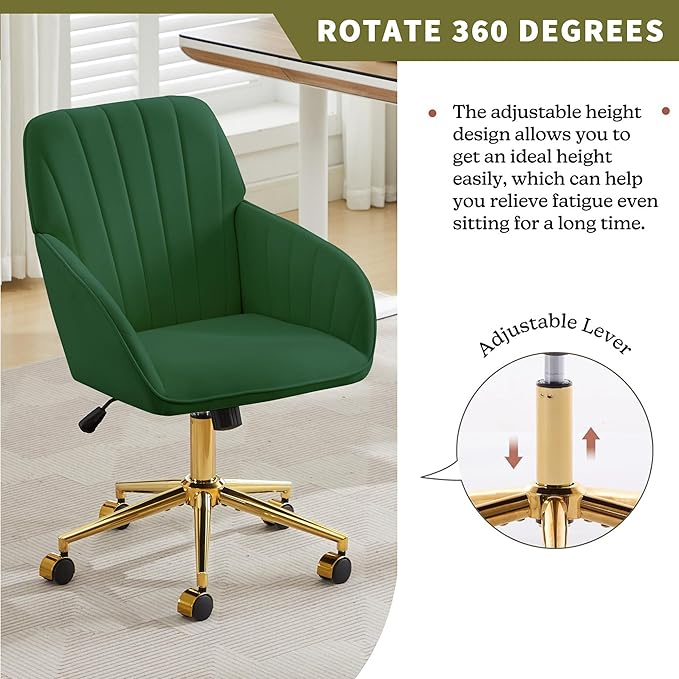 Velvet Home Office Desk Chair, Modern Cute Computer Task Chair with Back, Height Adjustable Upholstered Vanity Chair with Swivel Wheels for Women, Girls (Gold Base, Green