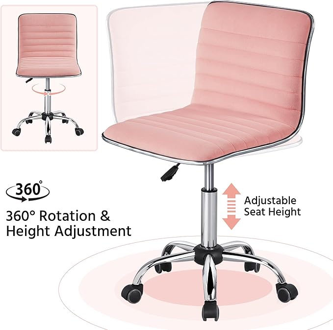 Yaheetech Velvet Low Back Armless Ribbed Vanity Chair Height Adjustable Swivel Task Office Chair, Apricot Pink