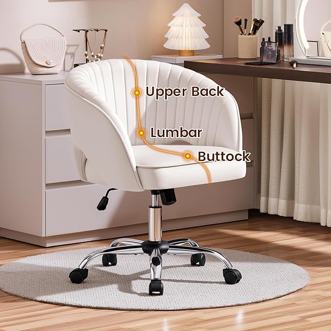 Yaheetech Cute Desk Chair Velvet Vanity Chair with Wheels Home Office Upholstered Modern Swivel Armchair with Tufted Barrel Back for Study, Vanity, Bedroom Cream