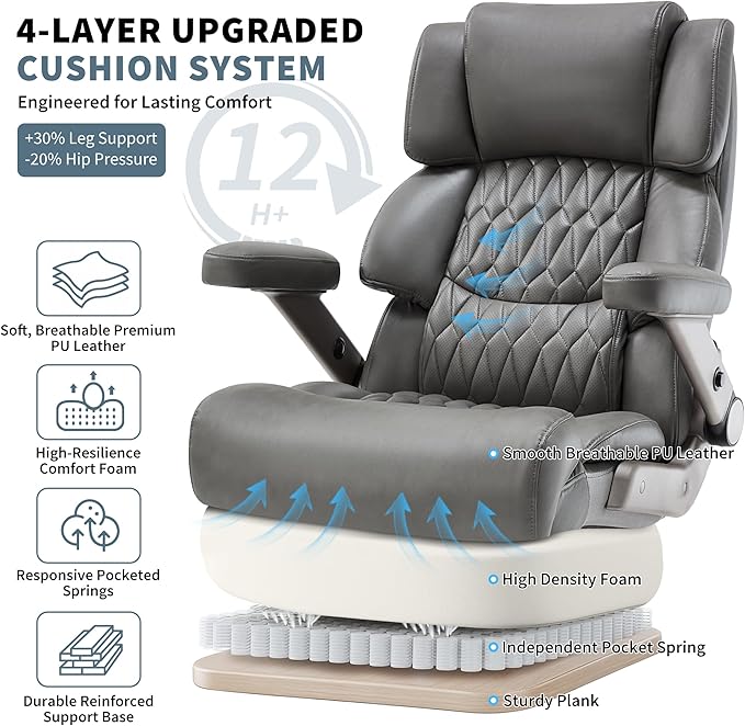 Big and Tall Office Chair 700lbs- Large High Back Executive Computer Desk Chair with 3D Flip-Up Arms, Adjustable Lumbar Support, Extra Wide Plus Size Seat, Heavy Duty Metal Base & Quiet Rubber Wheels
