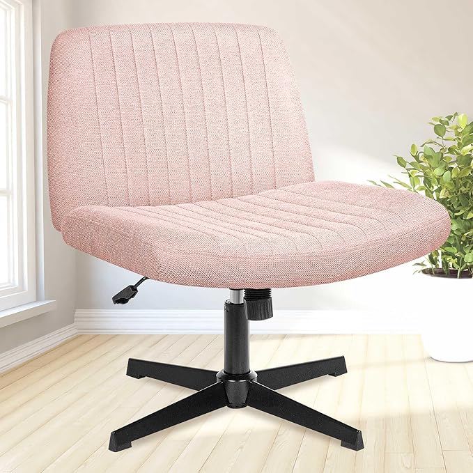 NEO Chair Criss Cross Chair No Wheels Armless Cross Legged Office Desk Wide Comfy Vanity Makeup Chair Adjustable Computer Task for Home Office Fabric (Pink)