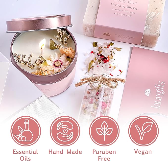 Birthday Gifts for Women – Luxury Candle Set & Bath Sets Spa Basket, Small Orchid & Jasmine Self Care Box, Gift Basket for Mom, Wife or Friend