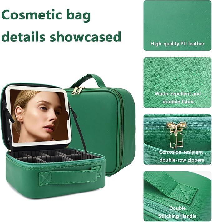 Makeup Bag with Led Mirror,Large Vanity Makeup Cases with 3 Color Setting,Portable Storage and Adjustable Dividers,for Women and Makeup Artists Cosmetic Organizer Travel Makeup Bag-Dark Green