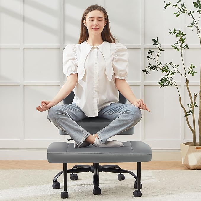 Criss Cross Legged Office Chair with Wheels,Swivel Meditation Chair for ADHD,Ergonomic Cross Legged Desk Chair with Thicken Adjustable Footstool,PU Sitting Fidgeting Kneeling Chair for Home Yoga Grey