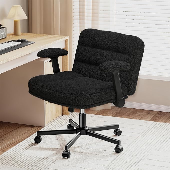 Criss Cross Chair with Wheels, Cross Legged Office Chair with Flip-up Armrests, Wide Desk Chair for Bedroom, Home Office, Apartment, Plush Fabric, Black