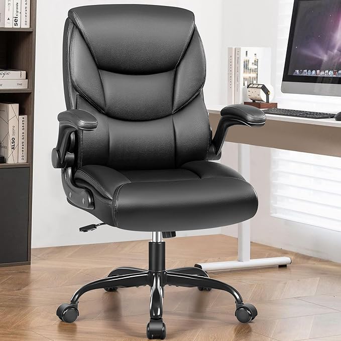 FelixKing Leather Office Chair - Small PU Ergonomic Desk Chair, Comfy Computer Chair with Wheels and Flip-up Armrests, Adjustable Height Mid Back Executive Office Chair for Short People-Black