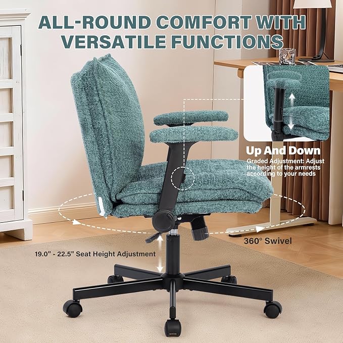 Criss Cross Legged Office Chair with Wheels and Flip-Up Arms, Upholstered Criss Cross Desk Chair, Wide Seat Chairs for Home Office, Vanity, Apartment, Green