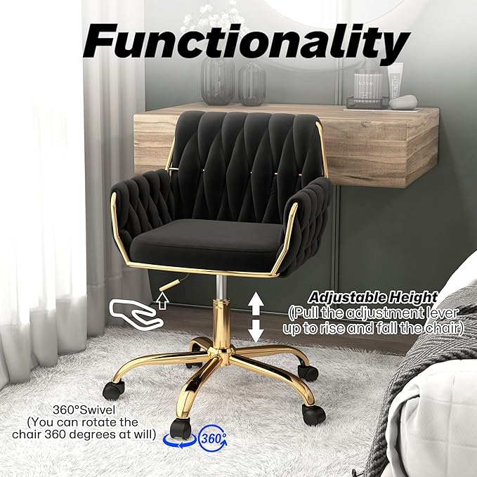 Woven 360°Swivel Desk Chair, Velvet Height Adjustable Home Office Armchair with Golden Base for Teens Women Girls, Upholstery Computer Chair for Home Studios and Office, Woven & Black