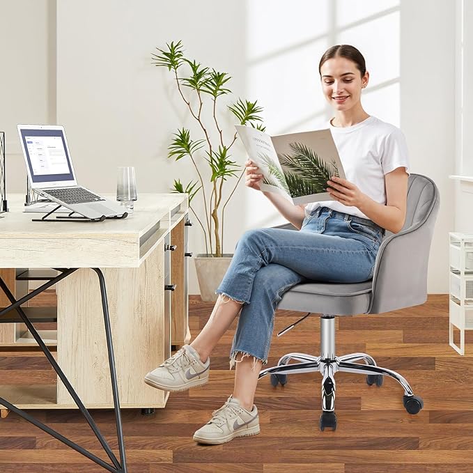 MOJAY Velvet Office Swivel Chair, Vanity Fabric Desk Pretty Fancy Gold Office Chairs for Girls, 360°Swivel Height Adjustable Reception Chair (LightGray)