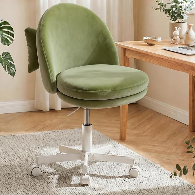 GTPOFFICE Vanity Chair with Back, Adjustable Tall Office Chair High Swivel Bar Stools Fluffy Cute Desk Chair Comfy with Wheels Bow Pillow Armlees for Adults Standing Desk Bar, Soft Velvet, Green