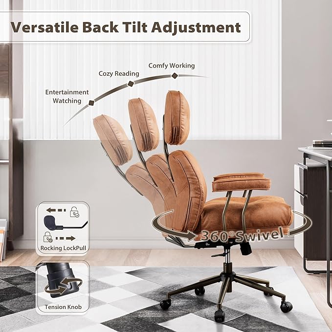 HOOOWOOO Mid-Century Modern Ergonomic Office Chair, Extra Wide Comfy Executive Chair with Lumbar Support, Suede Leather Light Brown