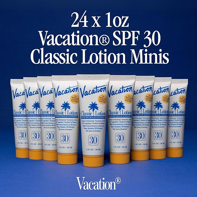 Vacation Mini Classic Sunscreen SPF 30, Water-Resistant, Bulk Suntan Lotion, Bachelorette Party Favors, Beach Must Haves, Traveling Essentials, Travel Size, 1 Fl. Oz. (Value Pack of 24)
