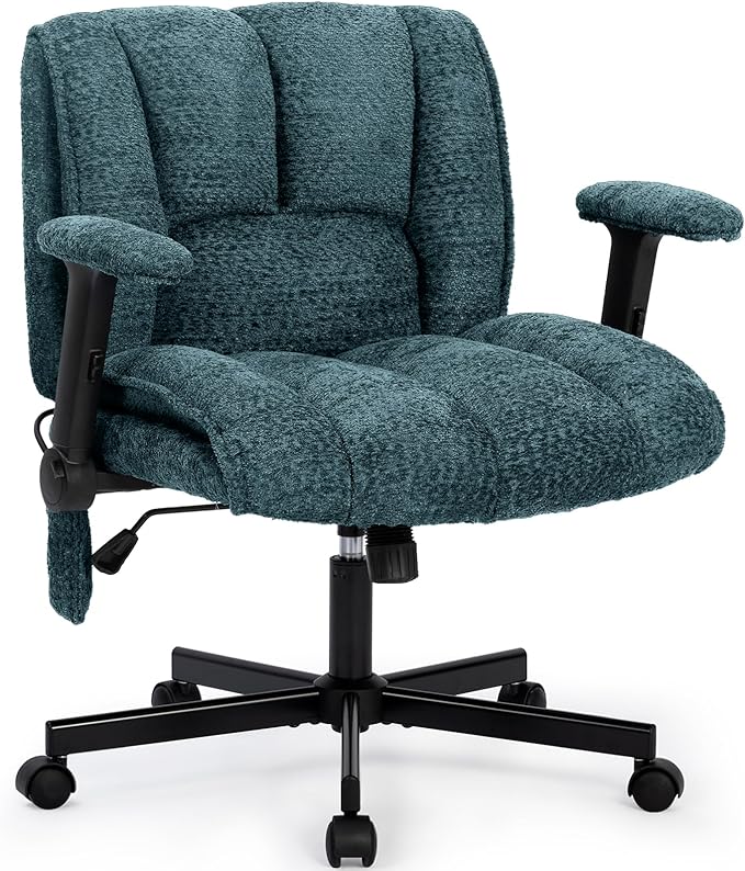 Criss Cross Legged Office Chair with Flip-Up Arms and Wheels, Wide Seat Desk Chair with Built-In Dynamic Airbag Lumbar Support, Modern Cross-Leg Chair for Home Office, Apartment, Vanity, Dark Green