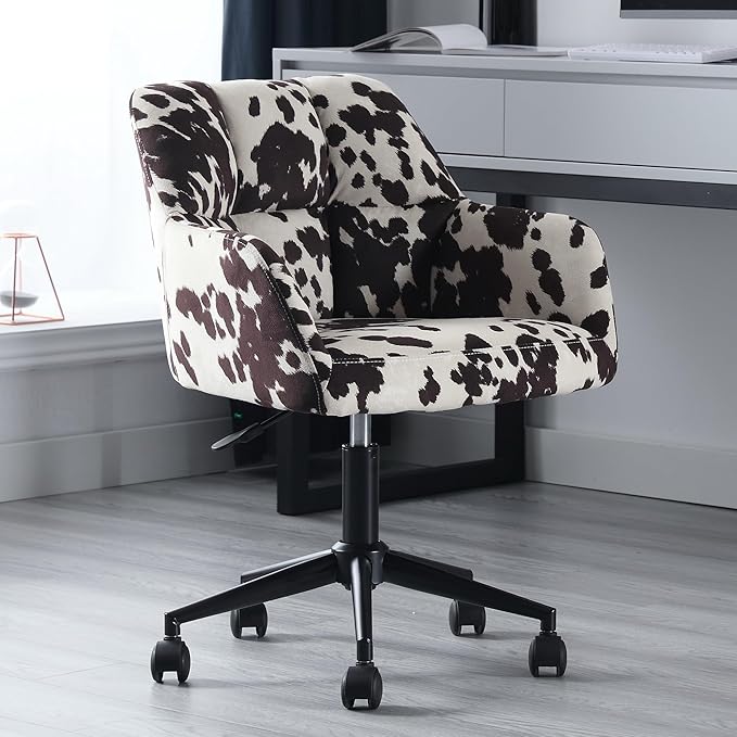 Cow Print Desk Chair Velvet Office Chair, 360° Swivel Work Chair with Mid Back Support Armrest, Adjustable-Height Upholstered Chair for Living Room, Bedroom Home Office, Cow Print