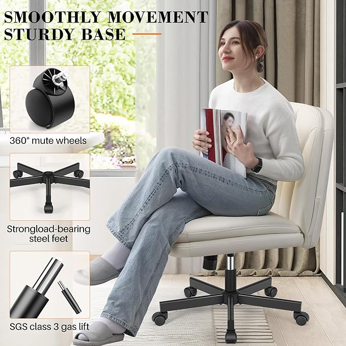 FelixKing Criss Cross Chair with Wheels, Cross Legged Office Chair, Armless Wide Vanity Desk Chair with Comfty PU Leather & Back - Swivel Height Ajustable for Home Office Bedroom, Pearl White