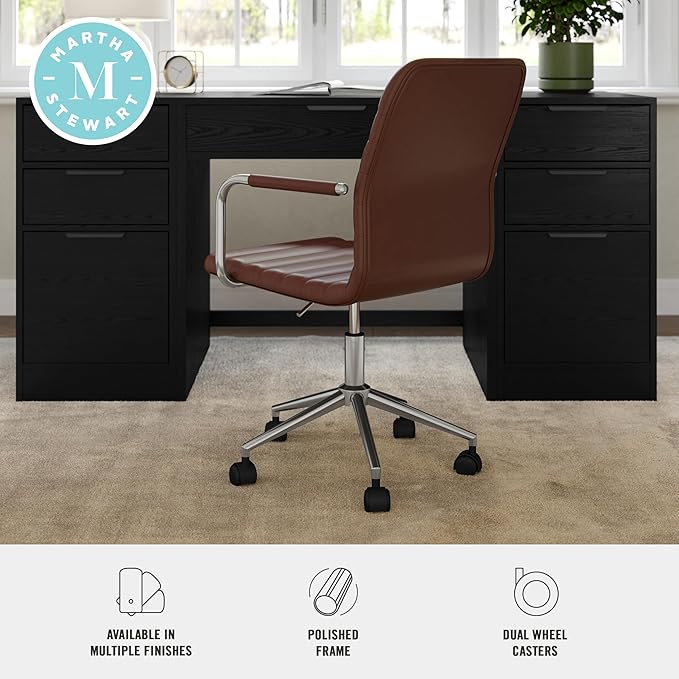 Martha Stewart Taytum Swivel Task Chair with Armrests for Home Office in Saddle Brown Faux Leather with Polished Nickel Frame