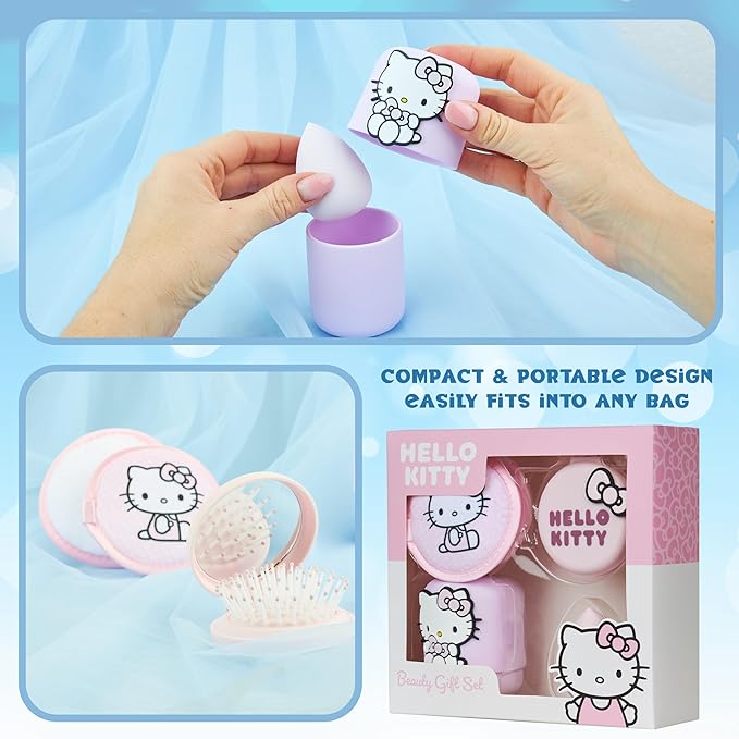 Hello Kitty Beauty Accessories Set for Women Teens, Folding Hair Brush with Mirror, Makeup Sponge Holder, Makeup Remover Pads, Kawaii Gifts for Women, Wife, Girlfriend
