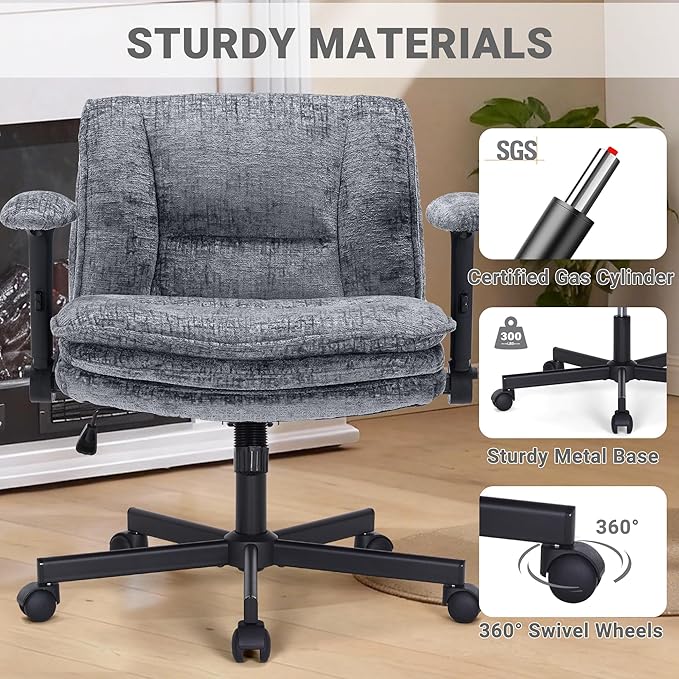Criss Cross Chair with Wheels and Flip Arms, Upholstered Cross Legged Office Chair with 3 Layer Cushions&Dynamic Airbag Lumbar Support, Wide Seat Comfy Desk Chair for Home Office, Living Room, Grey