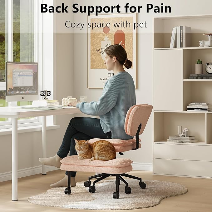 AODAILIHB Ergonomic Cross Legged Office Chair with Pull-Out Stool, 360° Swivel Teddy Fabric Meditation Chair with Wheels, Height Adjustable Kneeling Chair with Lumbar Support for Home Office, Pink