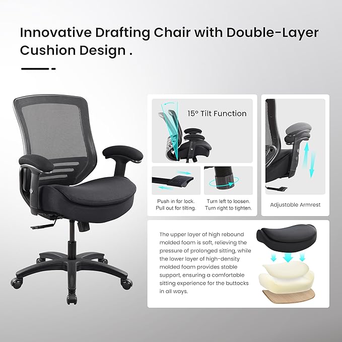 BOLISS 400lbs Mid Back Mesh Ergonomic Super Soft Wide Cushion Office Computer Desk Chair Adjustable Arms(Black)